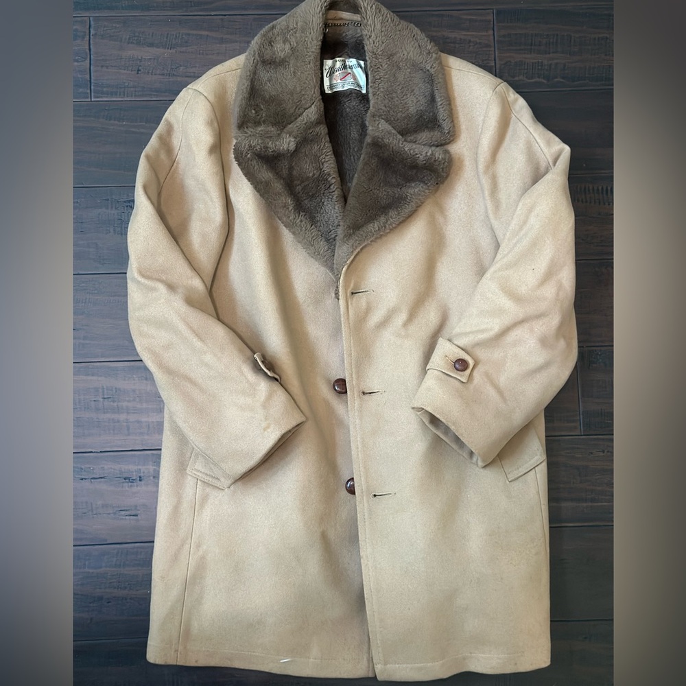 Men's Beige Pea Coat with Faux Fur Collar